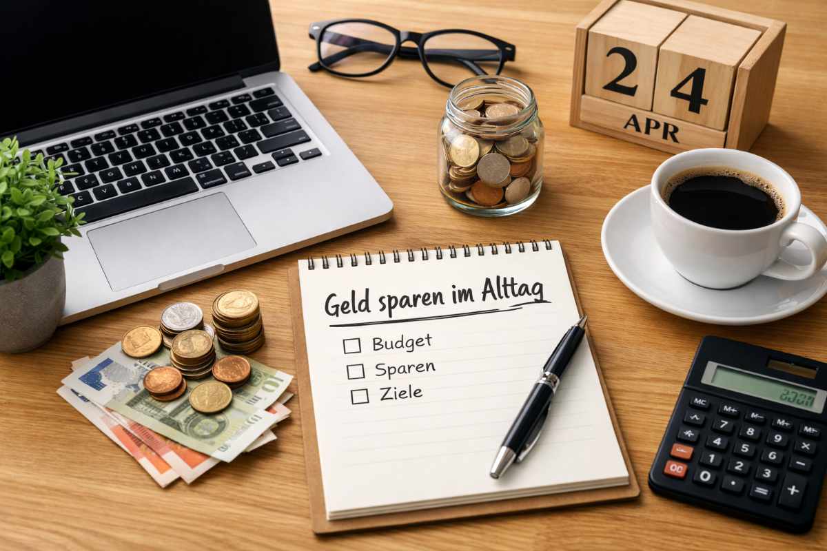 Geld sparen im Alltag am Schreibtisch mit Laptop und Notizen