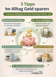 Geld sparen im Alltag Infografik mit 5 Tipps für bessere Finanzen