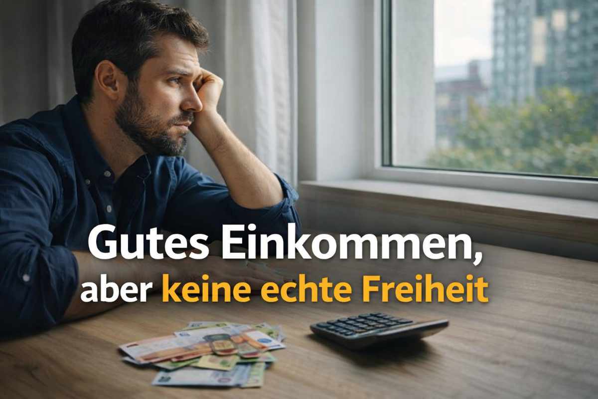 Mann sitzt nachdenklich am Tisch mit Geld und Taschenrechner und schaut aus dem Fenster