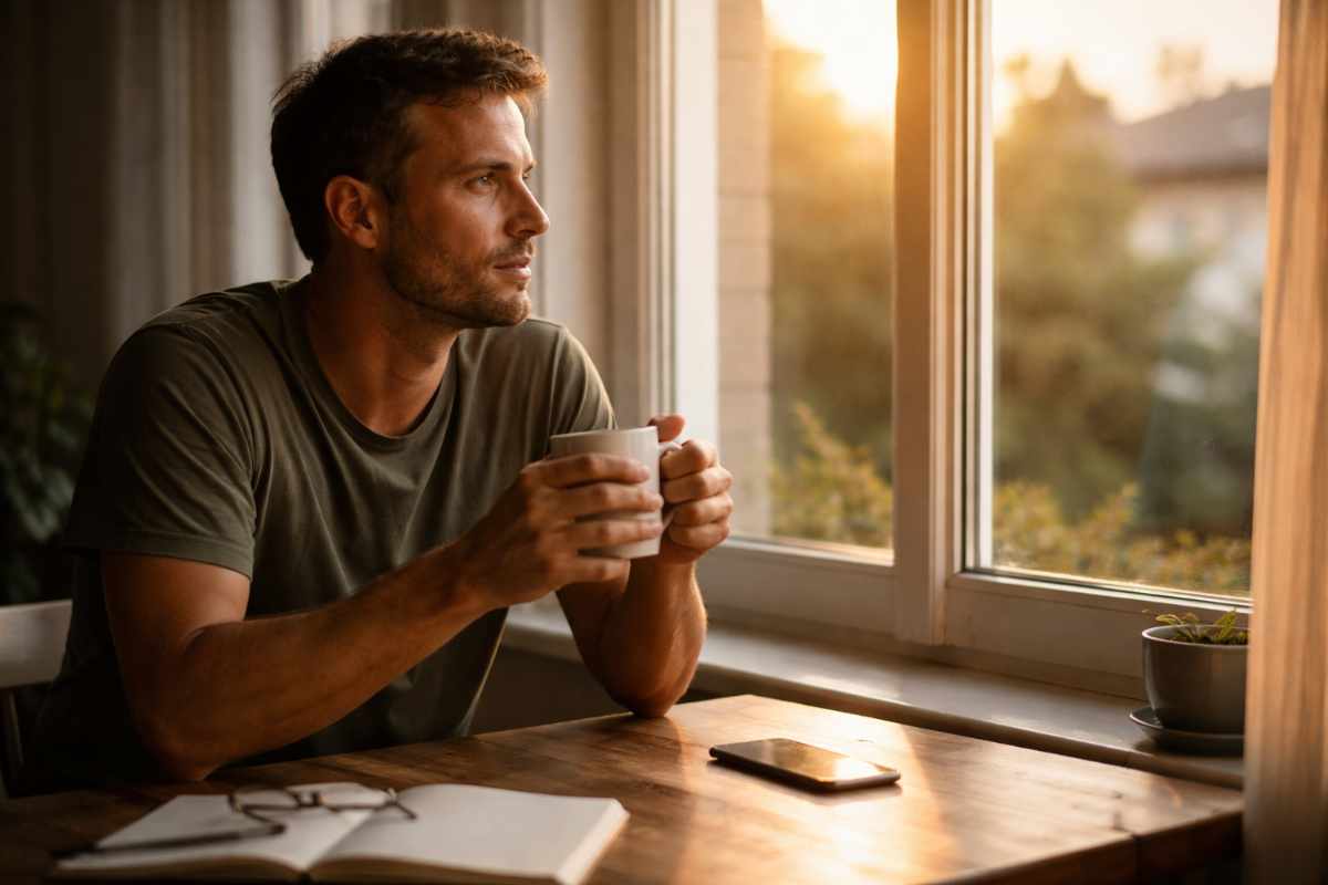 Mann sitzt morgens mit Kaffee am Fenster und schaut ruhig nach draußen