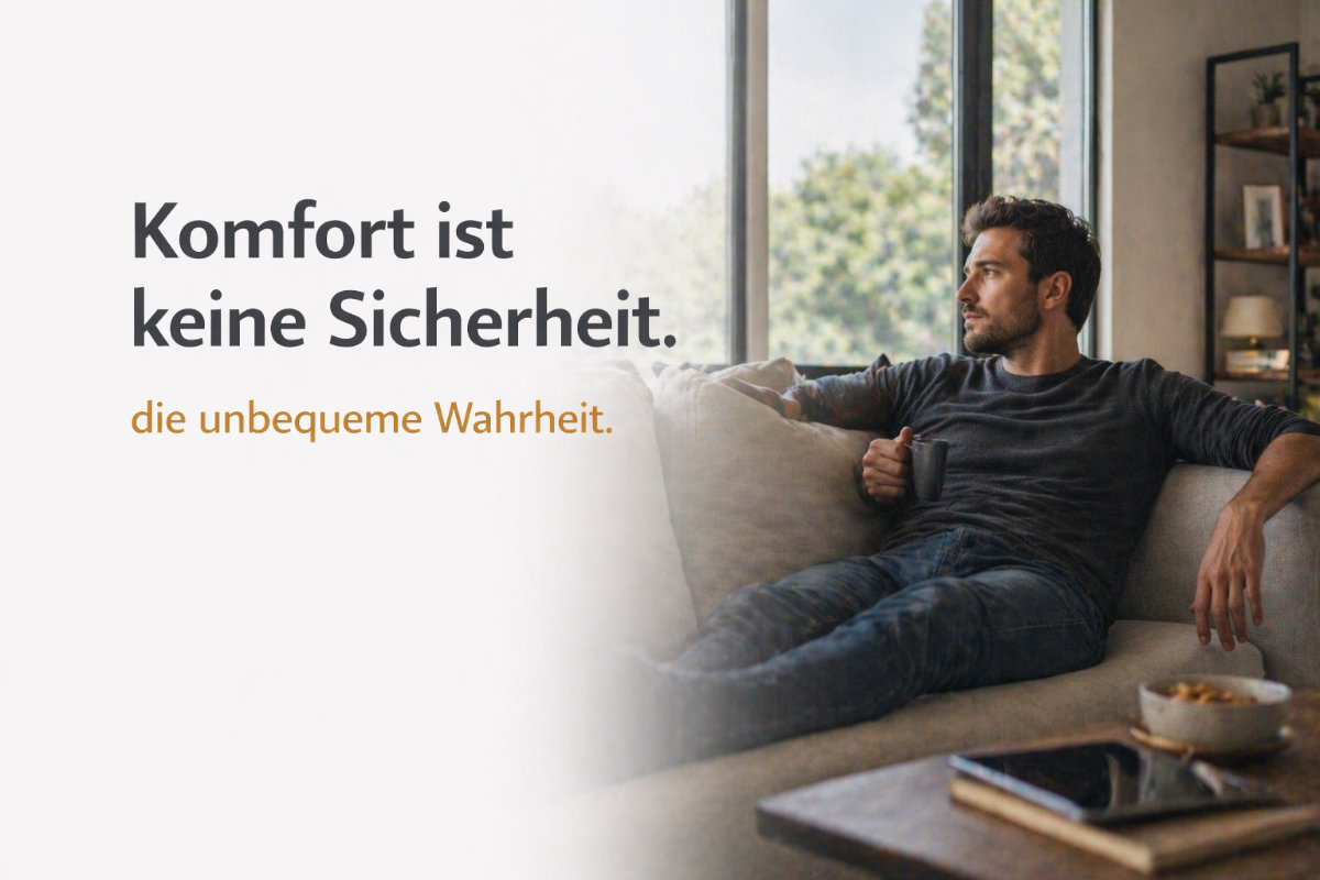 Komfort ist keine Sicherheit – Mann sitzt entspannt auf dem Sofa und blickt nachdenklich aus dem Fenster