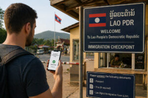 Laos Visum Deutsche – Reisender zeigt LDIF Registrierung am Grenzübergang in Laos