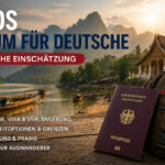 Laos Visum Deutsche – Mekong Landschaft mit Tempel, Boot und Reisepass im Vordergrund