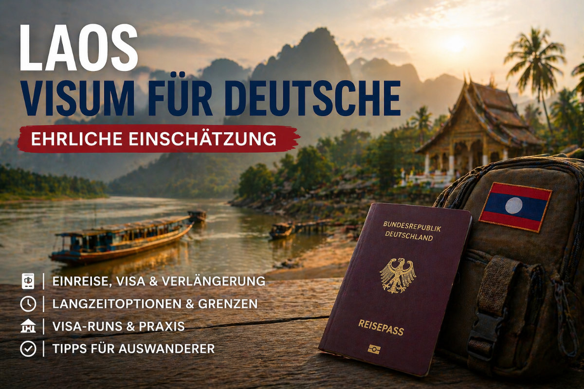 Laos Visum Deutsche – Mekong Landschaft mit Tempel, Boot und Reisepass im Vordergrund