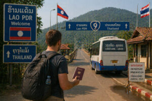 Laos Visum Deutsche – Reisender am Grenzübergang zwischen Laos und Thailand mit Reisepass