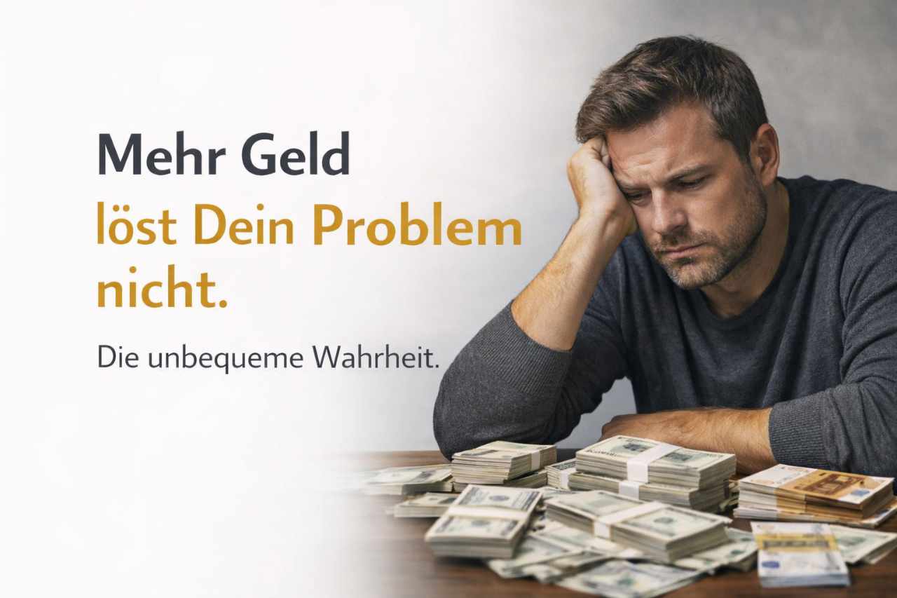 Mann sitzt nachdenklich vor Geldscheinen und wirkt trotzdem unzufrieden