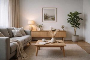 Ruhiger minimalistischer Wohnraum mit Sofa, Tisch und warmem Licht