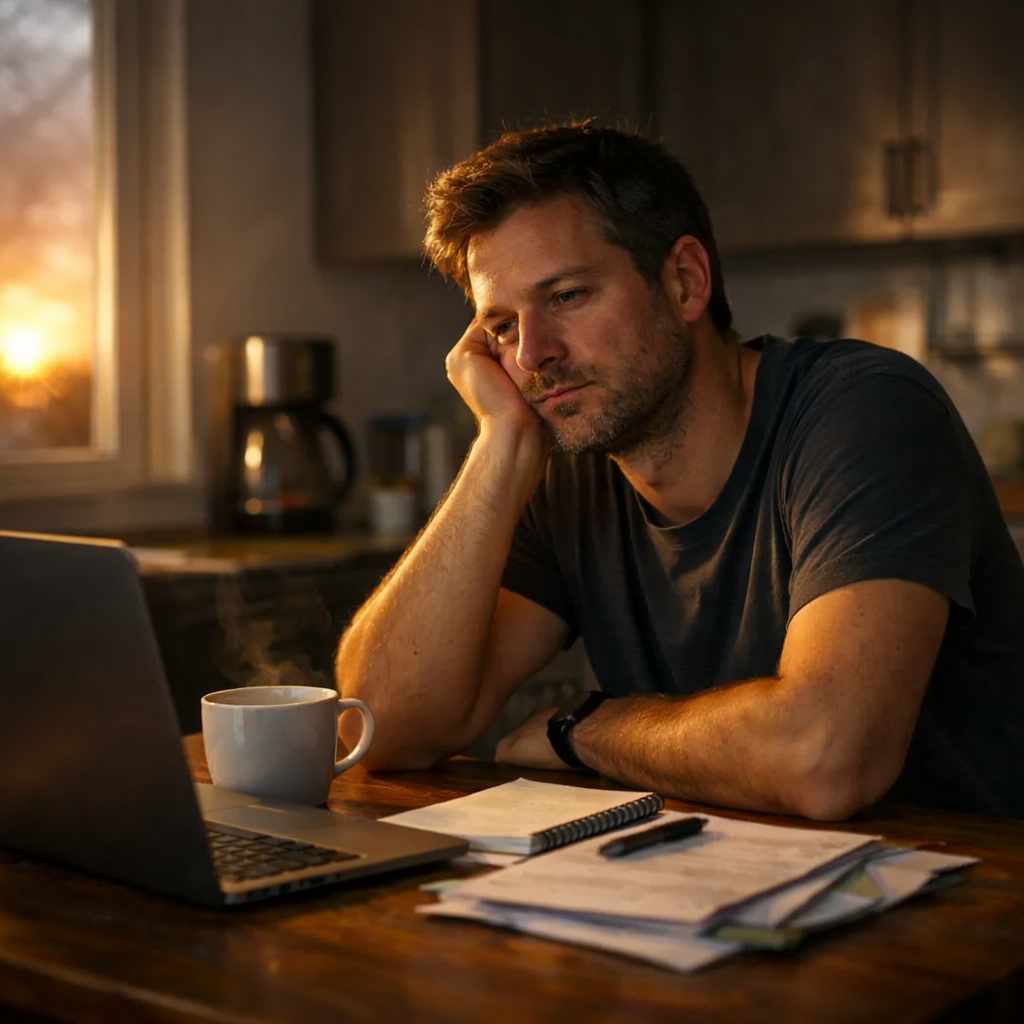 Mann sitzt müde am Küchentisch und denkt über seinen Neustart im Leben nach