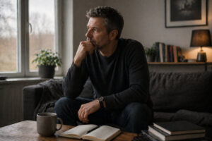 Neustart mit 30 40 oder 50 – Mann sitzt nachdenklich und reflektiert sein Leben