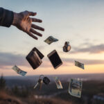 Hand lässt Gegenstände wie Geld, Handy und Schlüssel los – Symbol für Verzicht beim Neustart