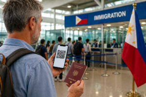 Philippinen Visum Deutsche – Reisender am Flughafen mit QR Code und Reisepass bei der Einreise