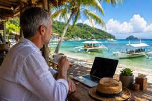Philippinen Visum Deutsche – Mann sitzt entspannt am Strandcafé mit Blick aufs Meer