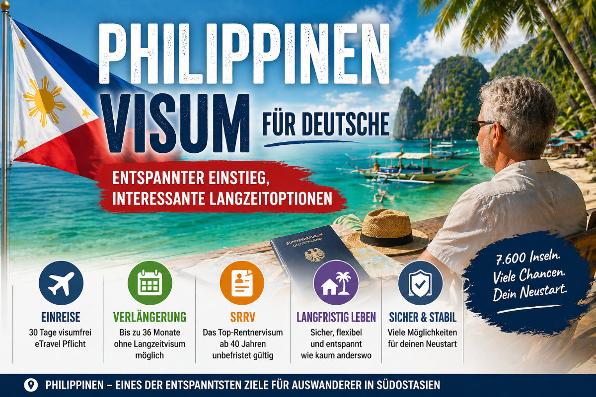 Philippinen Visum Deutsche – Strand, Boot und philippinische Flagge mit Reisepass im Vordergrund