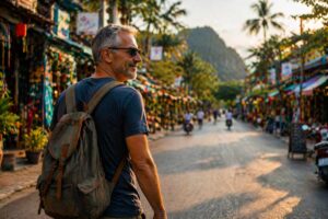 Älterer Mann läuft entspannt durch asiatischen Markt – erste Wochen im Ausland fühlen sich positiv an
