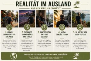 Infografik zeigt die Realität im Ausland mit fünf wichtigen Punkten wie Einsamkeit, Alltag und fehlende Struktur