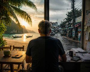 Älterer Mann zwischen Traumstrand und grauem Alltag im Ausland – Realität im Ausland im Vergleich