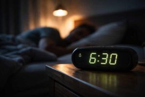 Digitaler Wecker zeigt 6:30 Uhr in einem dunklen Schlafzimmer