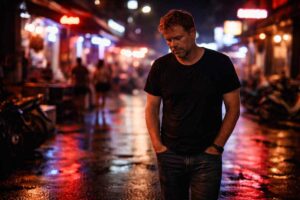 Mann läuft nachts alleine durch eine Straße in Südostasien mit Neonlichtern und nassem Asphalt