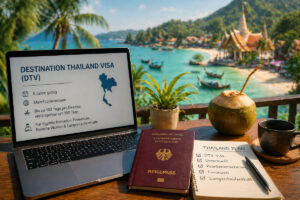 Thailand Visum Deutsche – Remote Work Arbeitsplatz am Meer mit Laptop und Reisepass