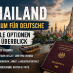 Thailand Visum Deutsche – Tempel und Skyline in Bangkok mit Reisepass im Vordergrund