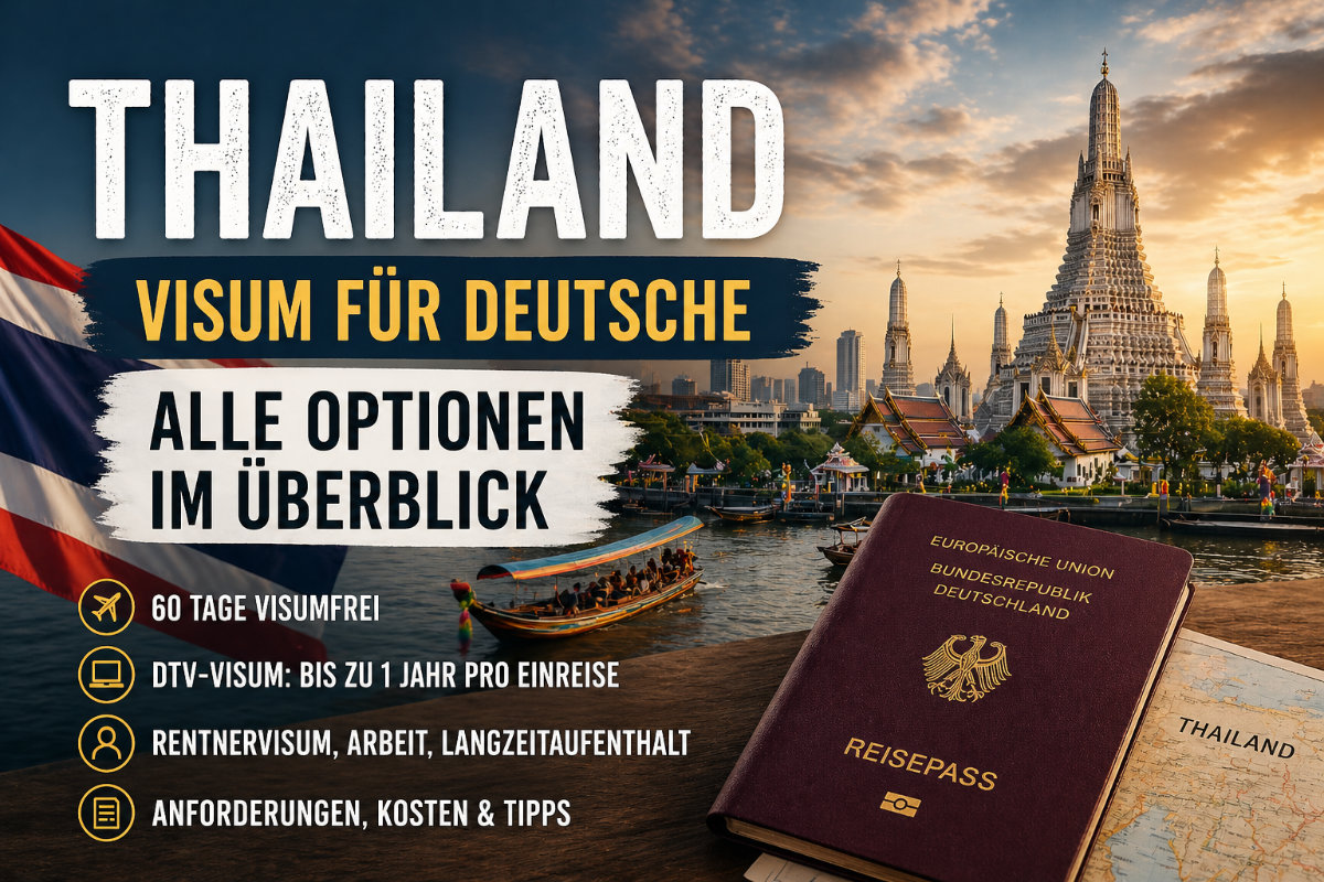 Thailand Visum Deutsche – Tempel und Skyline in Bangkok mit Reisepass im Vordergrund