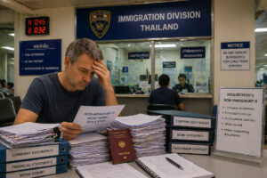 Thailand Visum Deutsche – Mann mit Dokumenten bei Immigration und Work Permit Antrag