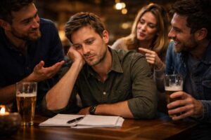 Mann wird von seinem Umfeld kritisch und abwertend betrachtet während er nachdenklich ist