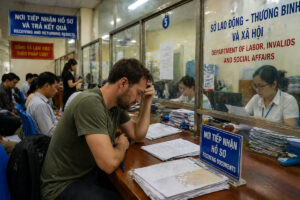 Vietnam Visum Deutsche – Mann wartet bei Behörde mit Dokumenten