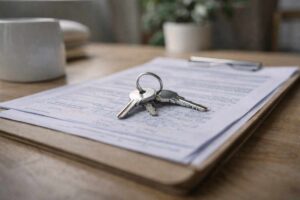 Wohnungsschlüssel liegen auf Immobilienunterlagen auf einem Tisch