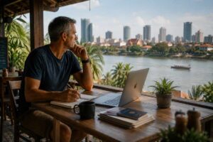 Mann über 50 arbeitet ruhig in einem Café am Fluss in Südostasien mit Laptop und Notizbuch