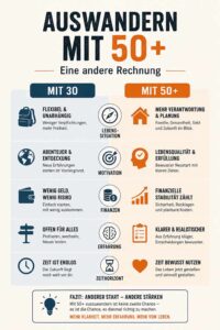 Infografik Vergleich zwischen Auswandern mit 30 und Auswandern mit 50+