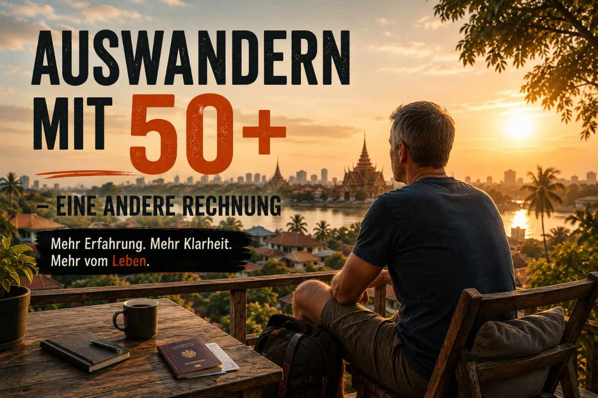 Mann über 50 sitzt auf Terrasse mit Blick auf südostasiatische Stadt bei Sonnenuntergang