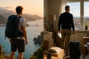 Vergleich zwischen jungem Backpacker und Mann über 50 mit Koffern und Umzugskartons
