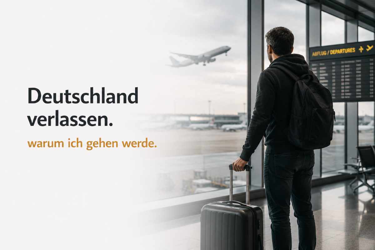 Deutschland verlassen – Mann steht mit Koffer am Flughafen und blickt auf startendes Flugzeug