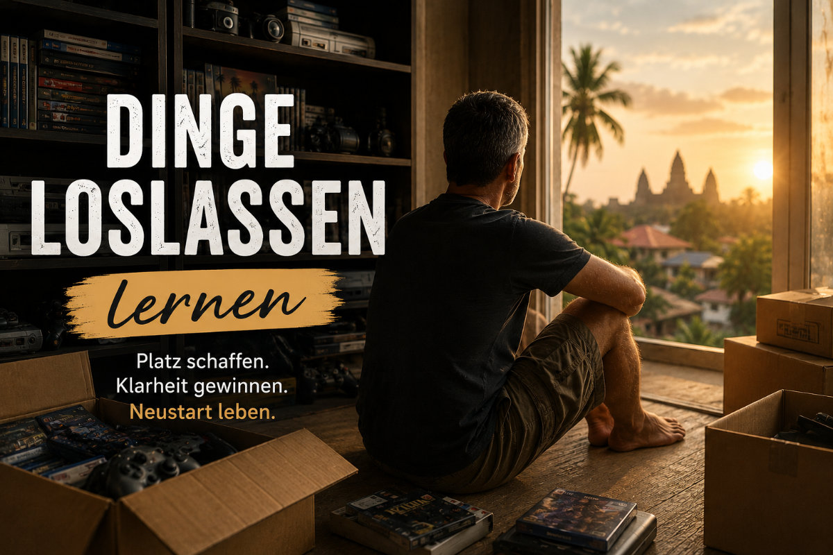 Mann sitzt vor halb geleerten Regalen mit Videospielen und blickt nachdenklich Richtung Sonnenuntergang