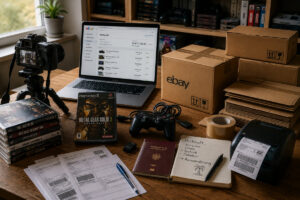 Versandkartons, Videospiele und Laptop mit Verkaufsübersicht beim Verkauf einer Spielesammlung über eBay