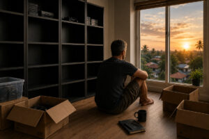 Fast leeres Zimmer mit Umzugskartons und Mann der ruhig aus dem Fenster blickt
