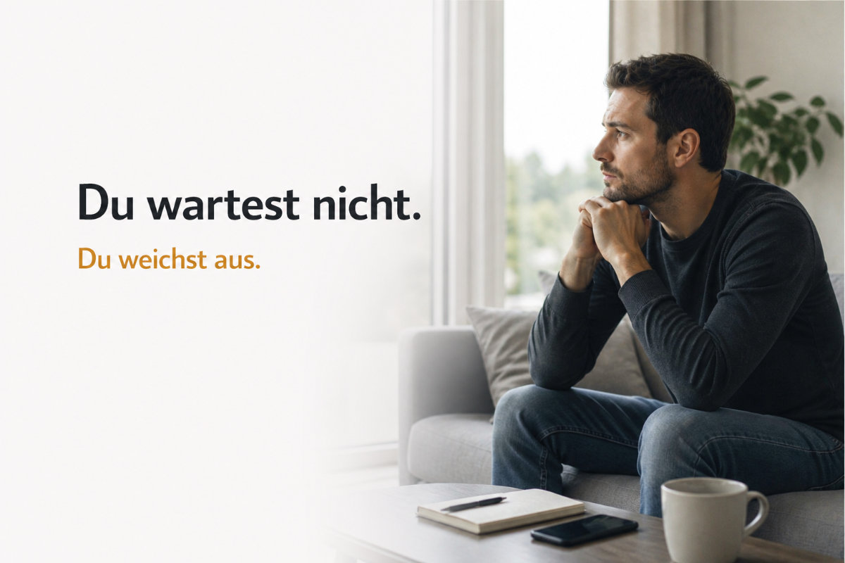 Du wartest nicht du weichst aus – Mann sitzt nachdenklich auf dem Sofa und vermeidet Entscheidungen