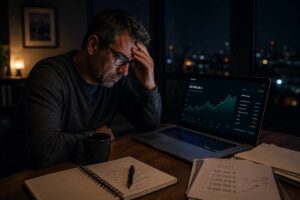 Nachdenklicher Mann sitzt nachts vor einem Laptop mit Börsenchart und wirkt trotz steigender Zahlen angespannt – Symbolbild für die psychologische Seite finanzieller Unabhängigkeit.