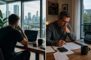 Vergleich zwischen jungem FIRE-Investor und älterem Mann mit Finanzunterlagen – Symbolbild für unterschiedliche Wege zur finanziellen Unabhängigkeit.