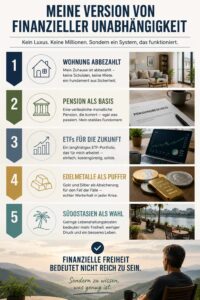 Infografik über finanzielle Unabhängigkeit mit den fünf wichtigsten Bausteinen: abbezahlte Wohnung, Pension, ETFs, Edelmetalle und Leben in Südostasien.