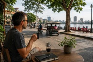 Mann sitzt entspannt in einem Straßenkaffee in Südostasien und blickt auf das ruhige Alltagsleben – Symbolbild für finanzielle Unabhängigkeit durch geringere Lebenshaltungskosten.