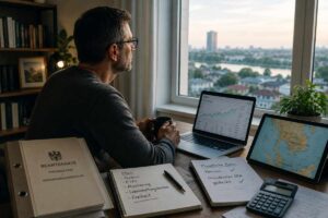 Mann blickt ruhig aus dem Fenster, während auf dem Tisch Unterlagen zu Pension, ETFs und Auswanderung nach Südostasien liegen – Symbolbild für finanzielle Unabhängigkeit mit sicherem Fundament.