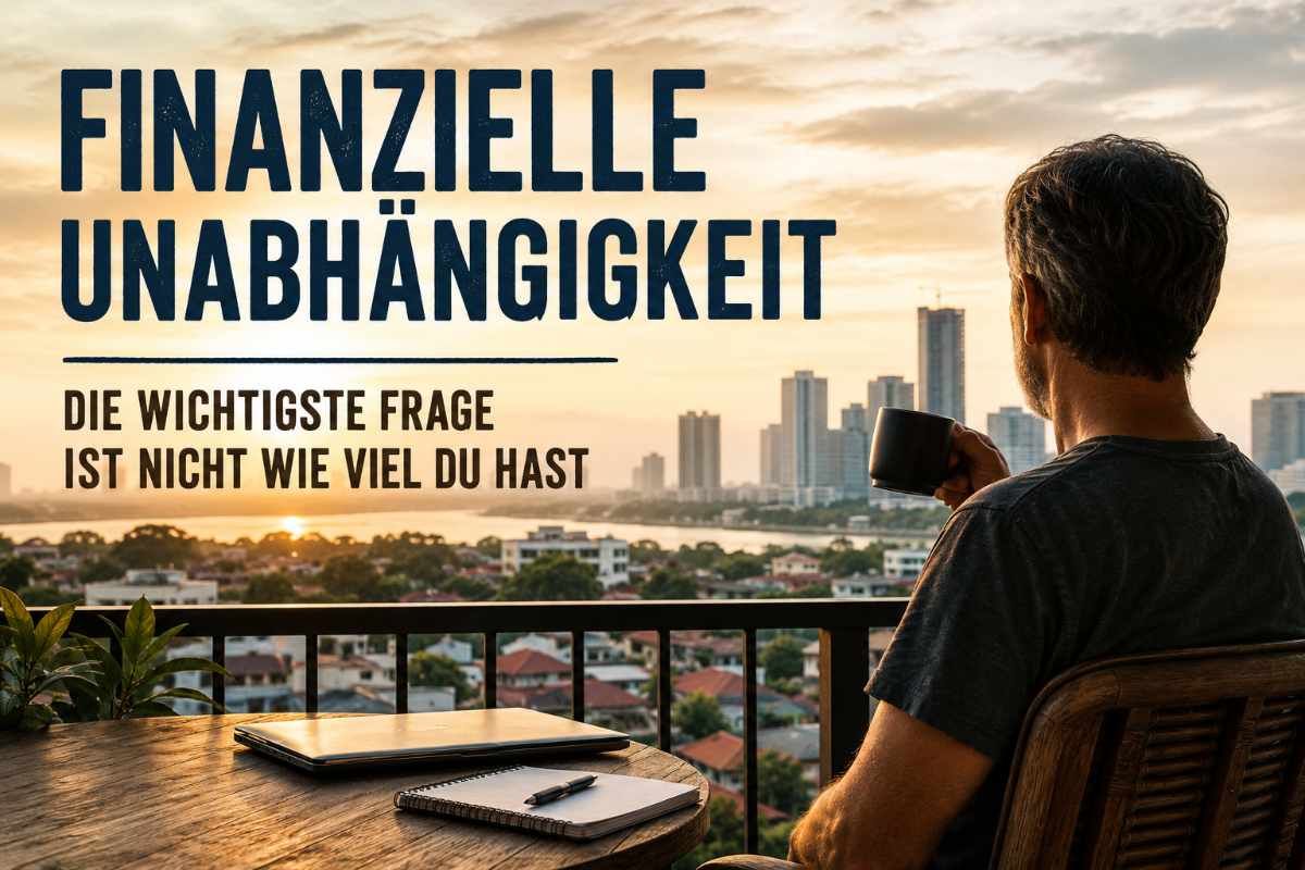 Mann sitzt mit Kaffee auf einem Balkon in Südostasien und blickt nachdenklich auf die Stadt – Symbolbild für finanzielle Unabhängigkeit und die Frage was im Leben wirklich genug ist.