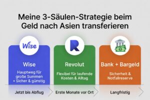 Infografik: Meine 3-Säulen-Strategie beim Geld nach Asien transferieren mit Wise, Revolut und Bank plus Bargeld