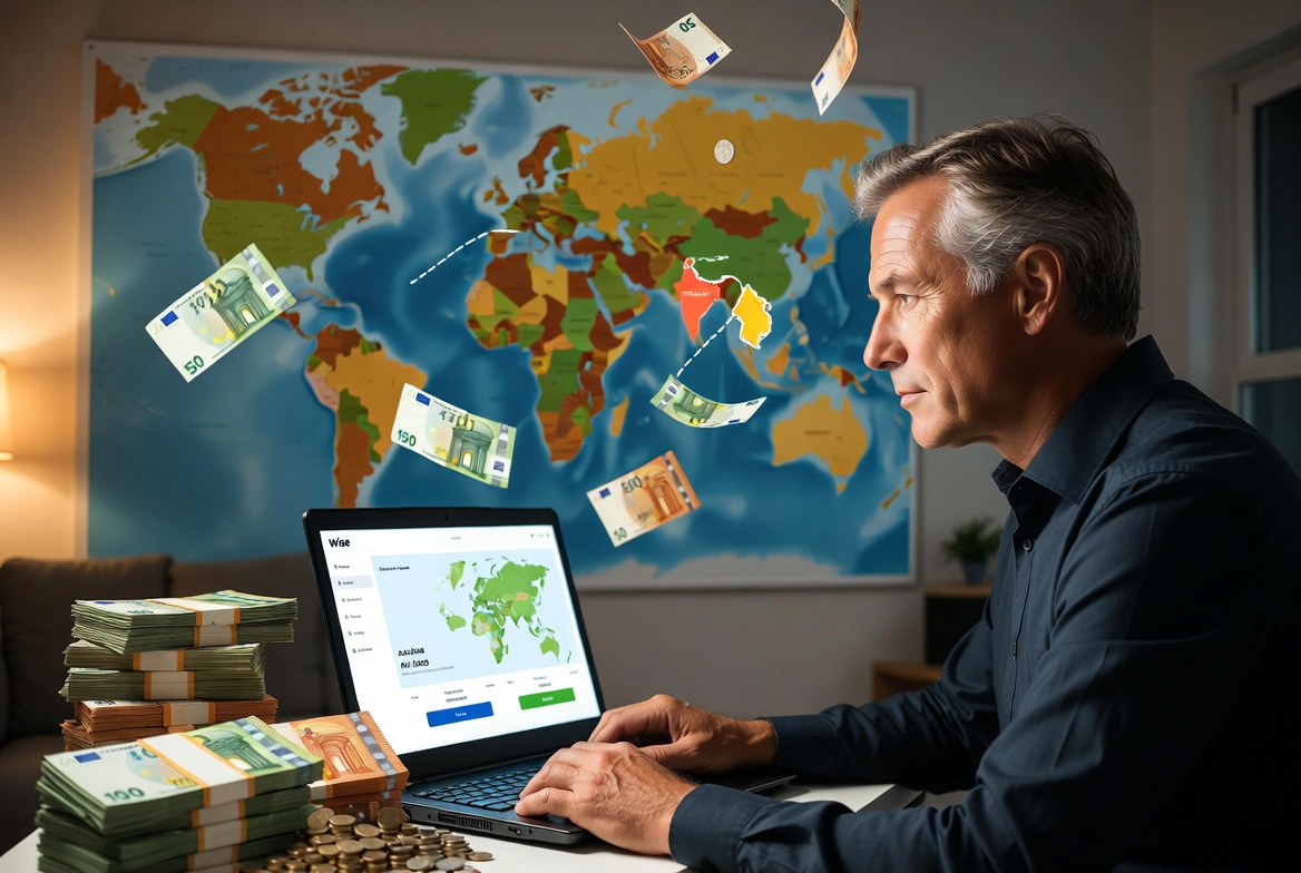 55-jähriger Mann plant Geld nach Asien transferieren am Laptop mit Wise App und Weltkarte nach Vietnam und Thailand