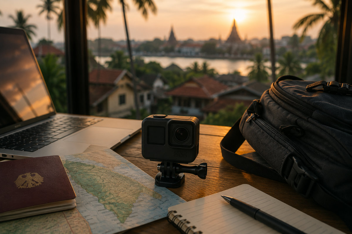 GoPro Hero 11 Black auf Tisch mit Reisepass, Laptop und Rucksack für den Neustart in Kambodscha