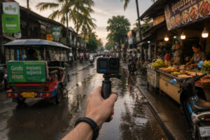 GoPro Hero 11 Black im Einsatz auf einer Straße in Südostasien während der Regenzeit