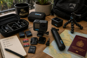 GoPro Hero 11 Black mit Zubehör, Akkus, SD-Karten und Reise-Setup für Südostasien