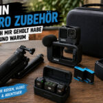 GoPro Zubehör mit Kamera, Akkus, Media Mod, Mikrofon und Reise-Koffer auf Holztisch